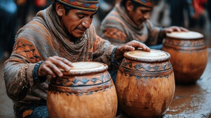Andean Musicians Playing Traditional Drums