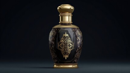 Ornate black bottle with intricate gold details and a rounded golden stopper