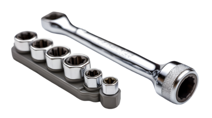 A shiny socket wrench with multiple sockets arranged on a gray holder against a black background