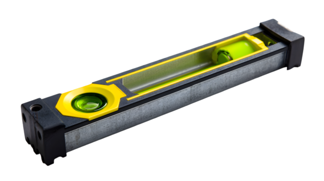 A close up shot of a spirit level with yellow accents on a black background in a studio setting