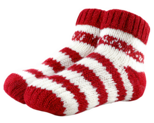 Red and white striped wool sock, cozy winter accessory, isolated on transparency background, festive pattern, warm and soft, comfortable for cold weather
