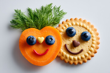 Creative Food Art Smiling Carrot and Cookie Face with Blueberry Eyes on White Background