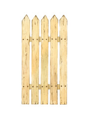 Watercolor illustration of a wooden fence with pointed tops isolated on white. The fence is in light wooden tones, showcasing a rustic and natural appearance.