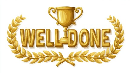A golden "WELL DONE" inscription, rendered in a three-dimensional style, sits atop crossed laurel wreaths, with a gold trophy positioned centrally above the text