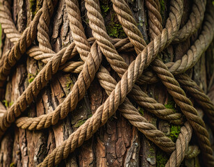 Fototapeta premium Thick Brown Rope Wrapped Around Tree Trunk Close Up