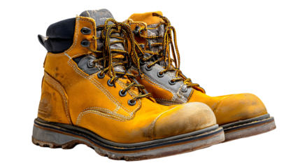 A pair of yellow and gray work boots with laces isolated on a black background in a studio shot