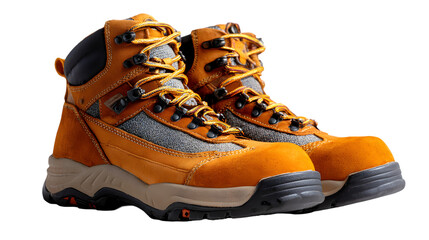 A pair of tan leather hiking boots with yellow laces and a dark sole on a black background
