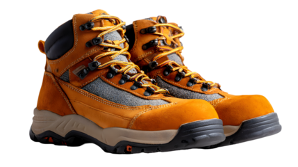 A pair of tan leather hiking boots with yellow laces and a dark sole on a black background