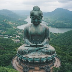 Serene Giant Buddha Statue overlooking Mountains and Lake