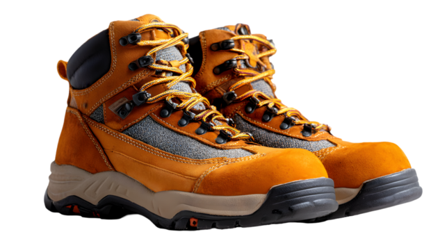A pair of tan leather hiking boots with yellow laces and a dark sole on a black background