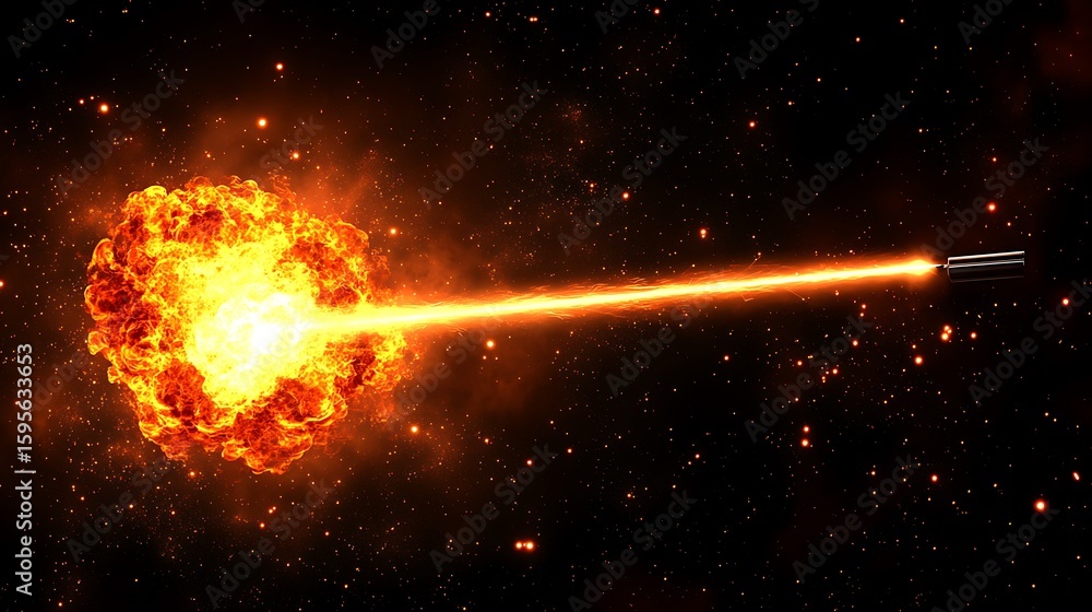 Poster fiery explosion sending a beam of light into space.