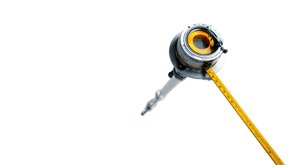 A close up shot of a silver and yellow measuring tape against a stark black background in studio light