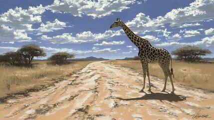 Giraffe standing on a dirt road in a savanna landscape.