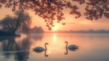 Serene Sunset: Two Swans on a Tranquil Lake