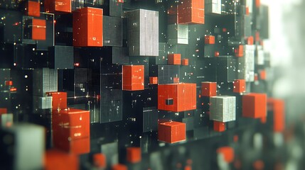 Abstract digital design of interconnected cubes in red, grey, and black.