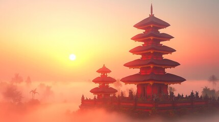 Majestic Sunrise over Ancient Temples in Misty Mountains