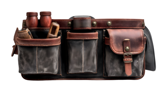 Close up of a brown and black leather tool belt with various pouches and compartments on a black background