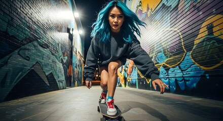 A stylish young woman skateboarding in an urban setting with graffiti art. 