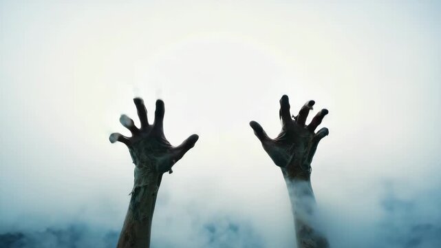 Groping Undead Hands Behind Dense Fog in Eerie Horror Scene