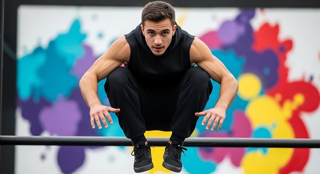 An athlete executing a dynamic parkour move. 