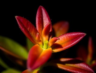 Fototapeta premium Close-up of Vibrant Red and Orange Plant with Dark Background Showcasing Intricate Details