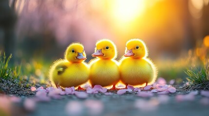 Adorable Yellow Ducklings at Sunset