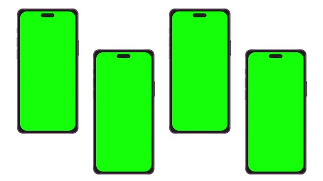Four smartphones with green screens appear one after another in sequence. The animation reveals each device individually against a white background, creating a clean and modern presentation effect