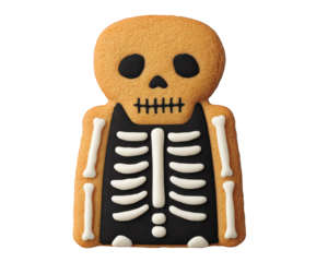 Skeleton gingerbread cookie, Halloween treat, spooky dessert, decorated with black and white icing, isolated on transparency background, festive and playful snack