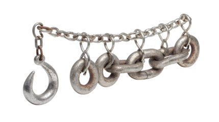 Close up shot of a metal chain with a hook and rings hanging against a black background in studio light