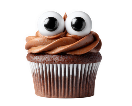 Chocolate cupcake monster eyes funny face dessert isolated object sweet brown creative playful design. whimsical chocolate cupcake with big candy eyes and toothy grin perfect for parties