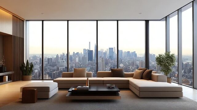 Luxury Modern Living Room with Panoramic City Skyline View  High-End Apartment Interior for Real Estate, Architecture, and Lifestyle Themes