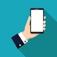 Hand holding smartphone with blank white screen and long shadow. Flat design. Vector Illustration