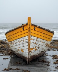 Solitary Yellow Boat on a Grey Beach