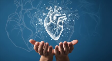 A digital heart illustration is presented in cupped hands against a blue background with anatomical outlines