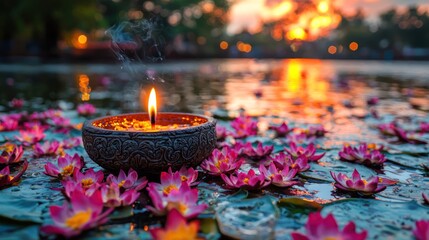 Serene Sunset: A Candle Lit on Lotus Flowers