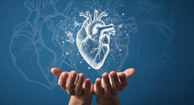 A digital heart illustration is presented in cupped hands against a blue background with anatomical outlines - Powered by Adobe