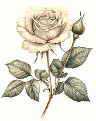 Elegant Botanical Illustration: A Delicate Beige Rose