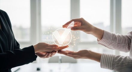 Two hands exchange a glowing checkmark symbol, representing successful agreement and completion
