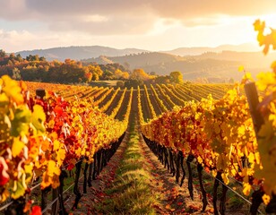 Autumn Vineyard at Sunset: Golden Rows and Distant Hills