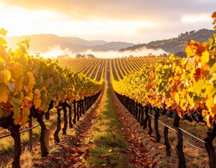 Vineyard Vista: Autumnal Rows Under Morning Light