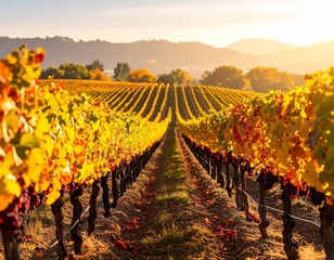 Autumn Vineyard Rows at Sunset