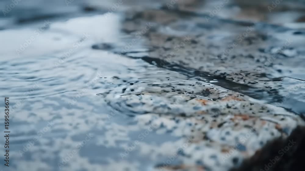 Poster close-up shot of water surface with gentle ripples reflecting sky and textures of submerged stones c