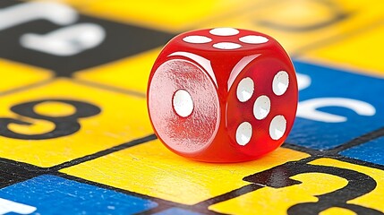 Close-up of a red die on a board.