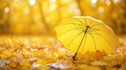 Golden Autumn: A Yellow Umbrella Resting on Fallen Leaves
