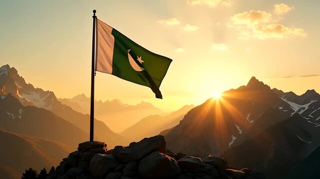 Pakistan flag waving proudly atop a mountain peak at sunrise with a scenic mountain range view