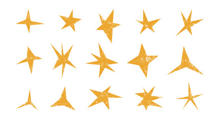 Gold grunge distressed star and sparkle shapes set. Textured hand drawn elements