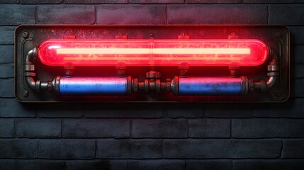 Industrial-style neon sign with red and blue tubes.