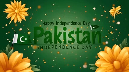 Happy independence day pakistan with green text and flags on a white background with stars