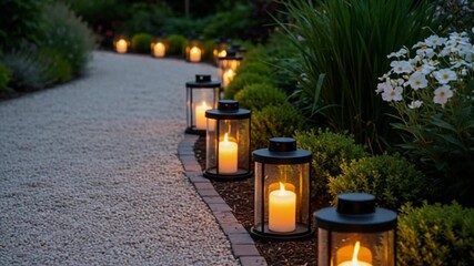 Illuminated garden path at dusk, lanterns lining a gravel walkway, creating a romantic ambiance.