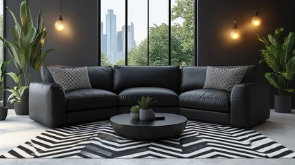 Modern Black Leather Sectional Sofa in a Stylish Living Room